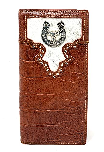 Texas West Men's Cow Fur Cowhide Genuine Leather Longhorn Basketweave Bifold Wallet in 2 Colors (Brown)