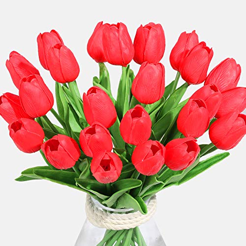 Veryhome Artificial Tulips Flores de látex para Las Bodas, decoración del hogar, Paquete de 20, Rojo