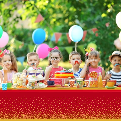 Image of 6 Pack Red and Gold Tablecloth Party Decorations Plastic Red Tablecloth Printed Gold Table Runner 54 x108 Inch Disposable Rectangle Table Cover for Birthday Wedding Graduation