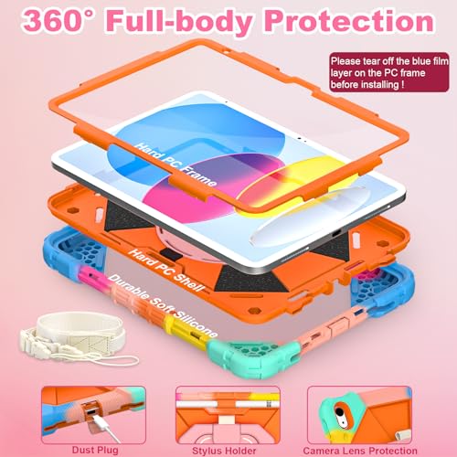 Image of WESOROL Case for iPad (A16) 11th /10th Generation 2025 /2022 with Screen Protector Rotating Stand Pencil Holder iPad Case 10th Generation Shockproof Cover for iPad 10th Gen Cases,Colorful Orange