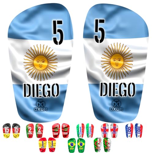 OXUM - Espinilleras Personalizadas de fútbol Nation para niños y Adultos. Espinilleras con la Bandera de tu país, Nombre y número, con bolsita de Regalo. Argentina