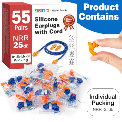 AZEN 55 Pairs Silicone Ear Plugs, Reusable Earplugs for Noise Reduction, 25dB NRR Corded Ear Plug for Sleeping Noise Cancelling, Ear Plug with String Individual Packing - Thumbnail 2