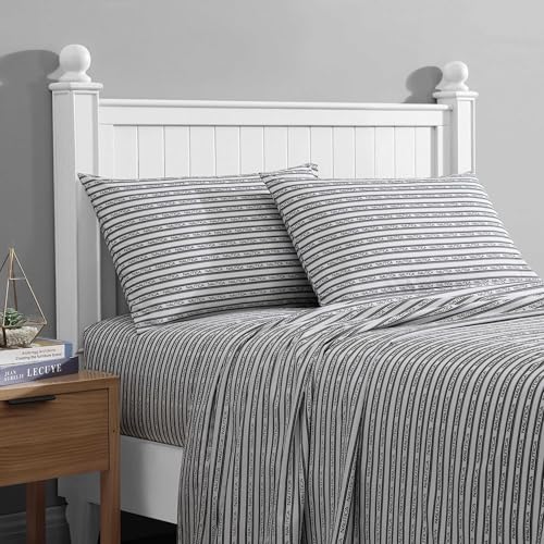 Image of Nautica - Full Sheet Set, Breathable & Cooling Microfiber Bedding with Matching Sham(s), Casual Bedding Set (Striped Nautica Logo Grey, Full)
