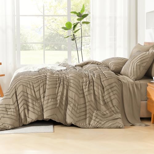 Image of Litanika Taupe Queen Size Comforter Set with Sheets - 7 Pieces Bed in a Bag Queen Boho Tufted Complete Bedding Sets with Comforter, Sheets, Pillowcases & Shams