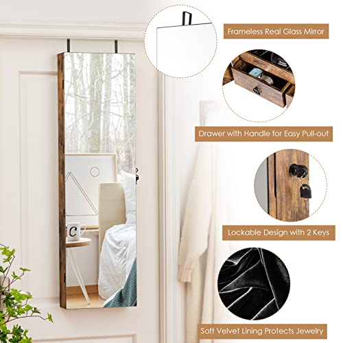 Giantex Wall Door Mounted Jewelry Armoire Cabinet with 47.5" H Full Length Mirror, 2 LEDs Lockable Jewelry Organizer Box with Bracelet Rod, 2 Drawers, Large Storage Capacity (Rustic Brown) - Thumbnail 7