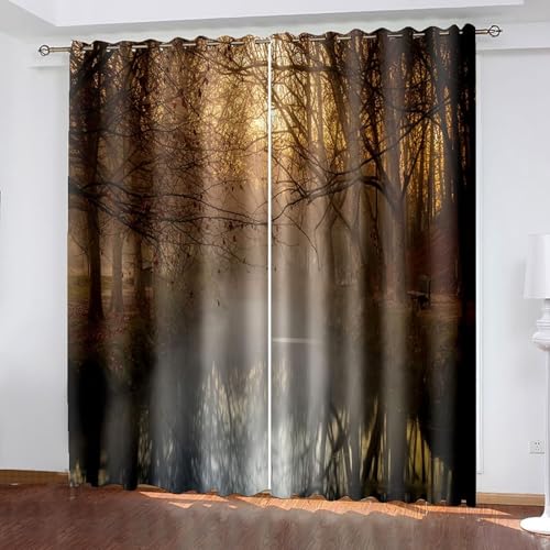 Musihy Cortinas de granja, 34 x 63 pulgadas, bosque brumoso y río, 2 paneles para ventana, sala de estar/cocina, color marrón y gris