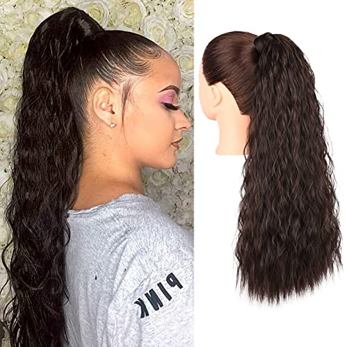 SEIKEA 24 Inch Clip in Ponytail Extension Wrap Around Long Wavy Curly Pony Tail Hair Fluffy Synthetic Hairpiece for Women - Dark Brown (Little Reddish)