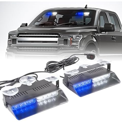 PKINGLAKE 2 in 1 LED Emergency Dash Strobe Light Bar Front/Rear Windshield Safety Flashing Warning Hazard Interior Lights for Police Firefighter Construction Vehicles Trucks (2x7.5 inch, Blue/White) Cover