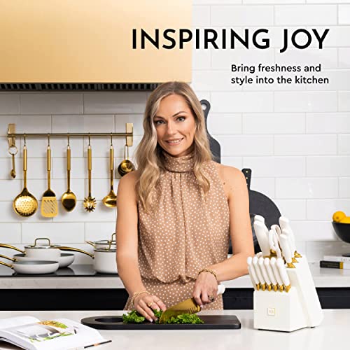 White And Gold Knife Set With Block Self Sharpening - 14 Pc Titanium Coated Gold And White Kitchen Knife Set And White Knife Block With Sharpener, White And Gold Kitchen Accessories And Decor #TOP3