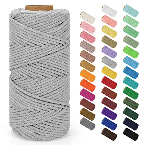 Macrame Cord 4mm x 109Yards (328Feet), Natural Cotton Macrame Rope - 4 Strands Twisted Macrame Cotton Cord for Wall Hanging, Plant Hangers, Crafts, Gift Wrapping and Wedding Decorations, Light Gray