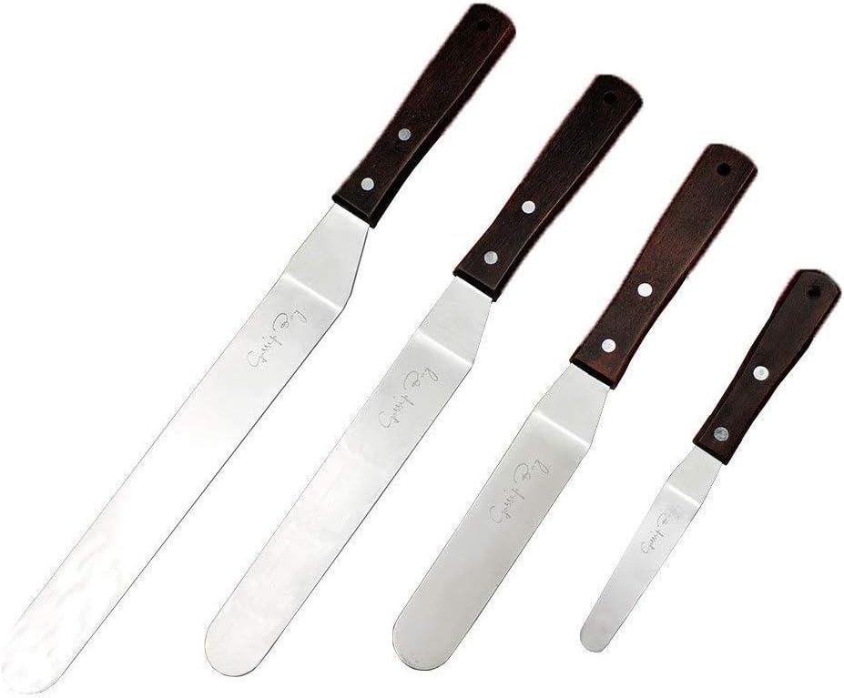 GossipyBoy Offset Cake Icing Spatula Set of 4 Professional Stainless Steel Cake Angled/Cranked Spatulas/ Cake Knife (3.7"-5.7"-7.7"-9.6" Flexible Resistant Blade) with Wooden Handle For Baking and Cake Decorating Sup