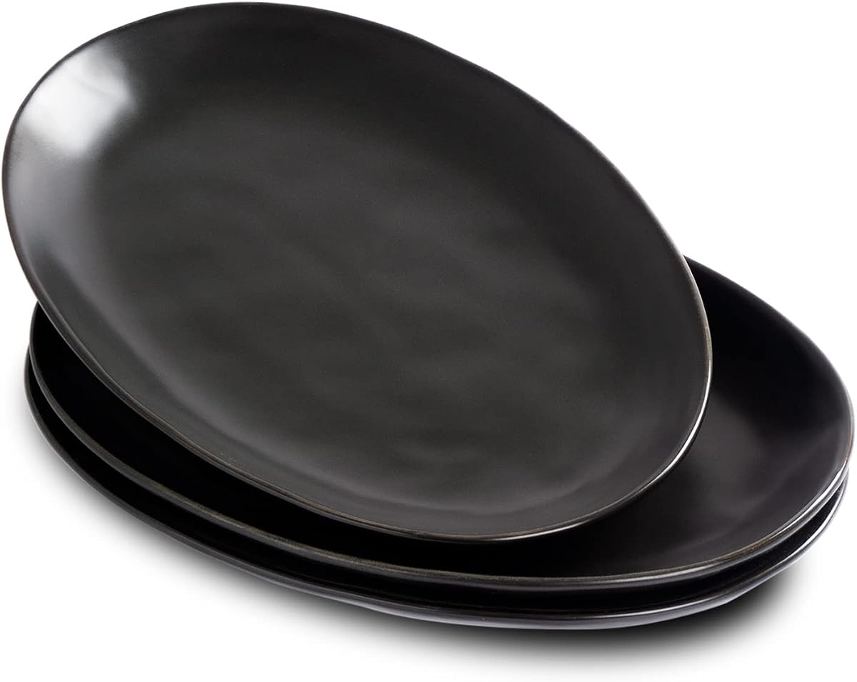 Ceramic Serving Platters, 12" Black Serving Tray, Serving Plates, Set of 3 | Magclay Large Oval Serving Plates for Dessert Appetizers Meat/Entertaining/Party, Matte Black