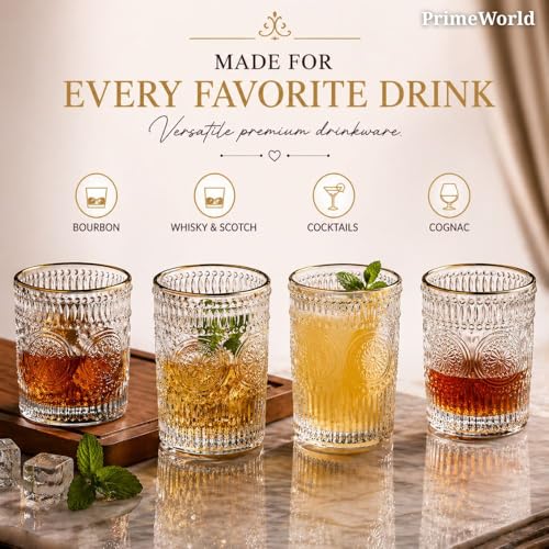 Image of PrimeWorld Embossed Gold Rim Romantic European Crystal Whiskey Glasses Set of 6 pcs- 300 ml Bar Glass for Drinking Bourbon, Whisky, Scotch, Cocktails, Cognac- Old Fashioned Cocktail Tumblers