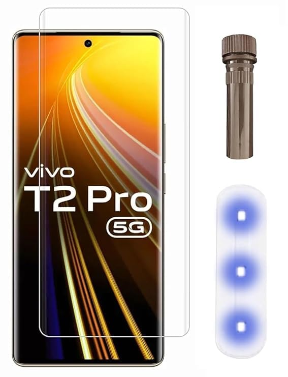 Image of UV Premium HD+ Tempered Glass For Vivo T2 Pro /IQOO Z7 Pro (6.78 Inch, Pack of 1) Full Adhesive Curved Glass 100% Fingerprint Working with installation kit