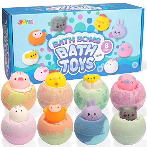 JOYIN Bath Bombs for Kids with Bath Toys, 8 Packs Handcrafted Kids Bath Bombs with Surprise Toy on The Top, Natural Essential Oil SPA Bath Fizzies Set, Boys Girls Kids Birthday Set