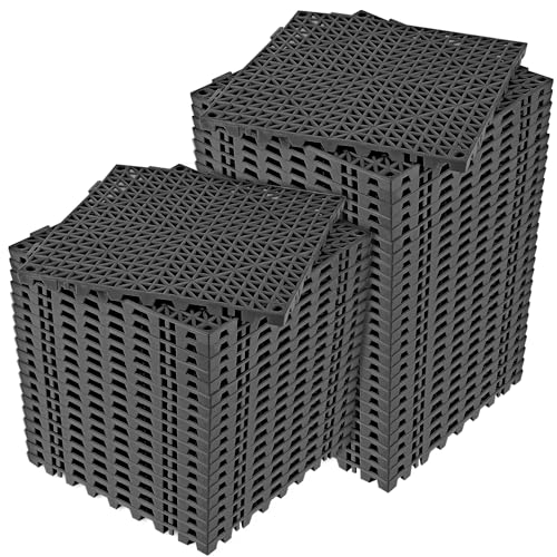 Image of ToLanbbt Modular Interlocking Cushion 48P 11.8 inch x 11.8 inch Interlocking Rubber Floor Drain Holes Non-Slip Splicing Drainage Mats for Deck, Shower, Kitchen, Drain Pool, Sauna Bath, Indoor Outdoor (Black)