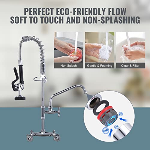 Iviga 26" Height Commercial Kitchen Faucet Wall Mount With Pre-Rinse Sprayer, 4" To 9" Adjustable Center With Humanized Handle Design & 10" Add-On Swing Spout Faucet & Coiled Spring Pull Down Spray #TOP4