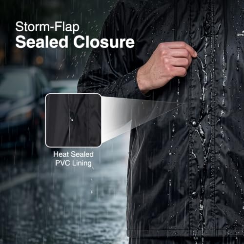 Image of Amazon Brand - Symactive Reversible Raincoat Set with Carry Pouch | Hood Jacket and Pant | Polyester Shell with Heat Sealed PVC Lining | Adjustable Button Cuffs | Plastic Peak Hood | Black, S