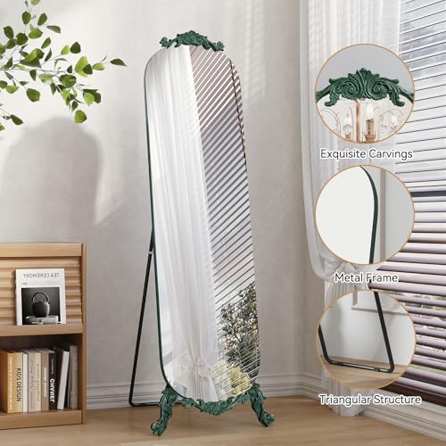 Image of Arched Full Length Mirror, 62 inchX20 inch Vintage Floor Mirror, Baroque Full Body Mirrors with Art Carved, Free Standing Leaning or Wall-Mounted Mirrors for Bedroom, Living Room, Entryway, Green