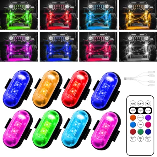 Wireless LED Lights for Car, Wireless Rock Lights with 8 Colors 10 Modes,led Strobe Warning Light, Motorcycles, Boats, Camping, Bikes, Drones，Design in USA (8pcs Black)