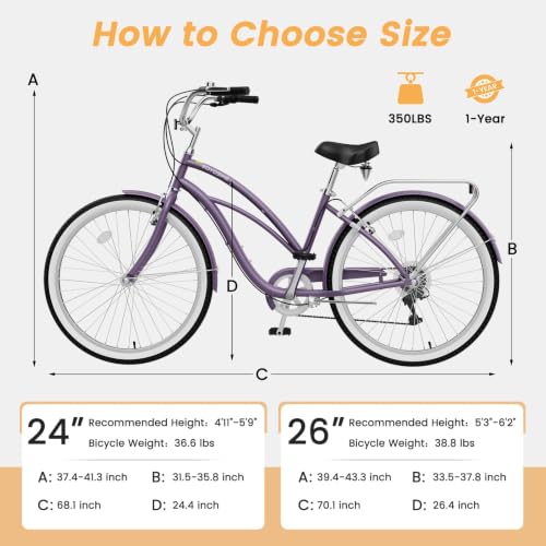 Image of Beach Cruiser Bike for Women and Men, 24 /26 Inch 7-Speed Adult Bicycle | Step-Through or High-Bar Frame, Rear Rack, Full Fenders, Kickstand, Adjustable Comfort Seat, 350 lb Capacity, Classic Cruiser