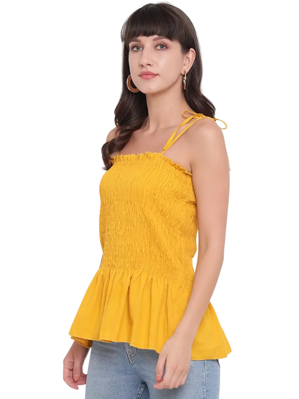 Threeadz Womens Rayon Solid Casual Summer Style Tie Shoulder Straps Free Size Tank Top Musterd