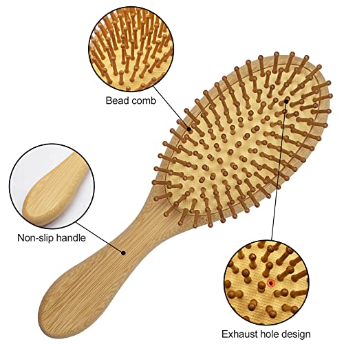 Firschoie Haarbürste Bambus 3er Set, Haarbürsten ohne Ziepen, mit kleinem Reinigungskamm, Antistatische Kopfhautmassage reduziert Frizz und Haarbruch, Geeignet für langes Haar, lockiges Haar, Spliss