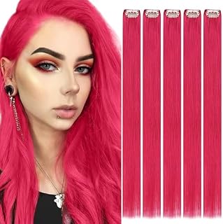 RUNATURE Human Hair Extensions Clip in Pink Hair Extensions Colored Clip in Hair Extensions Real Human Hair Clip in Pink Hair Extensions 16 Inch 25g 5pcs