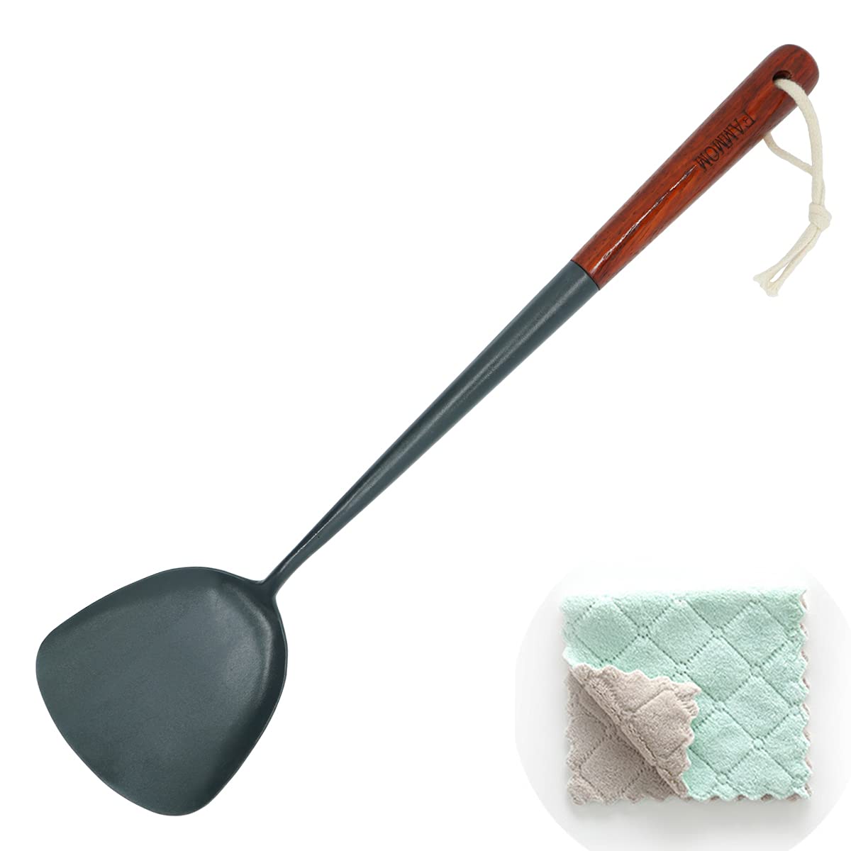 FAMMOMTraditional Hand Hammered Wok Spatula Long Rose-Wood Handle Thickened Stir-Fry Chuan