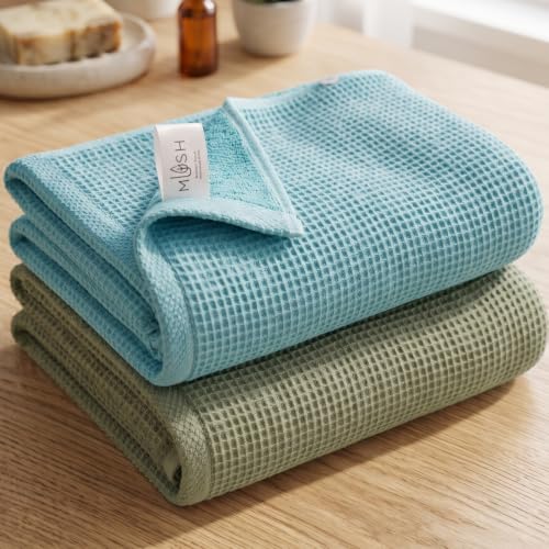 Image of Mush Bamboo Dual Texture Waffle Terry Bath Towel Set of 2 | 500 GSM Ultra Soft, Highly Absorbent, Quick Dry Towels | Large Towels for Bath, Gym, Spa | Misty Blue & Olive Green (70x140 cm)