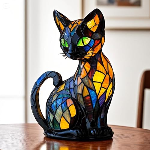 Rubu22a Kunstharz Katzenlampe, Retro Katzen Buntglas Tischlampe, Katzenlampe Buntglas Tischlampe, Cat Pet Geschenke für Kinder Mädchen (A)