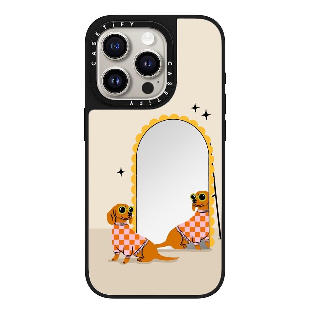 CASETiFY Funda para iPhone 15 Pro - Espejo compatible con MagSafe | Reflectante | Protección contra caídas de 5 pies | Espejo Dachshund a cuadros | Plata sobre Negro