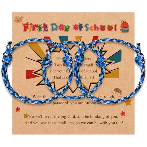 2-3Pcs First Day of School Knit Rope Bracelet Love Between Mother/Father/Mama and Daughter/Son/Me Back To Scool Gifts Protection Anxiety Relief Colorful Nylon Woven Bracelet With Message Card (Blue Black(3Pcs) 3Pcs)