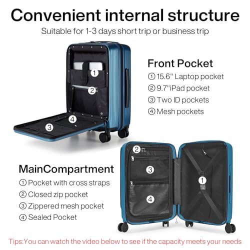 Image of Hanke 20 Inch Carry On Luggage Airline Approved Hard Shell Suitcases with Wheels & Front Pocket TSA Luggage Lightweight Carry On Suitcase for Travel Rolling Luggage for Woman Man, Blue, Carry On