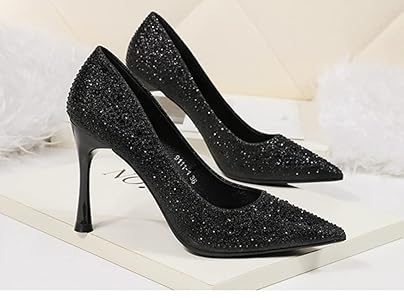 靴 original ribbon glitter pumps (black) Black Glitter Pointed Toe Rhinestone Bow Ankle Strap Pumps