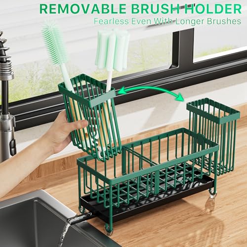 Image of Cisily Sponge Holder for Kitchen Sink, Sink Caddy Organizer with High Brush Holder, Kitchen Countertop Organizers and Storage Essentials, Rustproof 304 Stainless Steel (Dark Green, 9.25″)