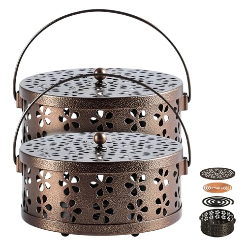 2Pack Bronze Retro Portable Iron Mosquito Coil Holder with Handle Round Fireproof Incense Holder for Home Office.