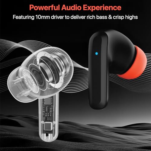 Image of Vaku Luxos SONAIR TWS Bluetooth 5.4 Earbuds | 60H Playtime | Touch Controls | Type-C Fast Charging | 10mm Driver | Voice Assistant | Deep Bass Wireless Earbuds with Charging Case- Black /Orange