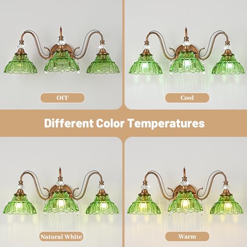 Image of Vintage Bathroom Vanity Light, 3-Light Matte Antique Brass Finish Wall Sconce with Hanging Crystal Accents and Flower-Shaped Green Glass Shades, Retro Wall Mount Vanity Light Over Mirror for Bathroom