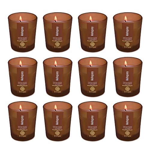 Image of EKAM Mahogany Votive Soy Wax Scented Candle, 40 Grams, 10 Hours Burn Time| Long Lasting Premium Candles | Ideal for Home Decor | Gifting & Aromatherapy (Pack of 12)