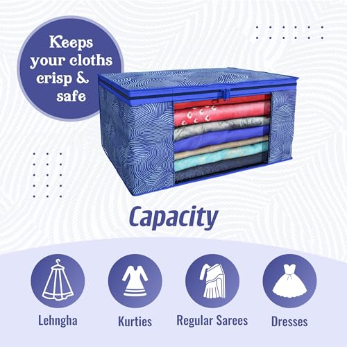 Image of Kuber Industries Non-Woven Clothes Organizer For Wardrobe (Pack of 3) - Storage Organizer For Saree|Shirts|Salwaar Suit|Lehenga For Wardrobe - Saree Covers With Zip (Printed, Blue, 33 cm, 22 cm)