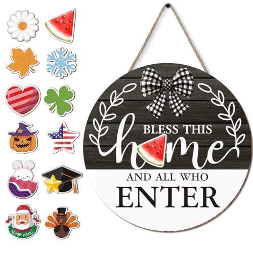 Interchangeable Seasonal Bless This Home Hanging Sign - Farmhouse Front Door Decoration for Spring All Seasons Holidays - Rustic Round Wood Wreaths with 12 Icons(BLack)