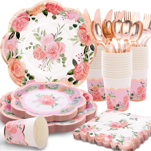 joy akkess 175PCS Tea Party Decorations, Floral Party Supplies, Bridal Shower Paper Plates, Floral Plates and Napkins Sets for Baby Shower, Brial Shower, Wedding, Serves 25 Guest