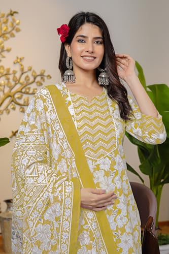 Image of MIRCHI FASHION Women's Straight Fit Pure Cotton Sequins Thread Work Leaf Printed Kurta Set with Dupatta and Trouser