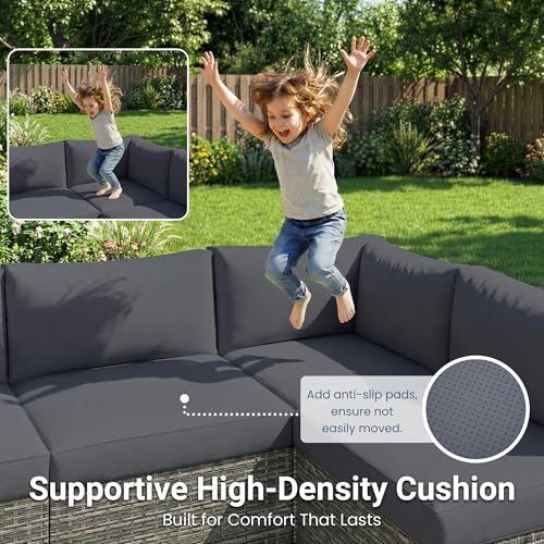 Image of Wisteria Lane 7 Pieces Wicker Patio Furniture Set, All-Weather Patio Sectional Sofa with Coffee Table, Outdoor Sectional Furniture for Garden Backyard, Grey