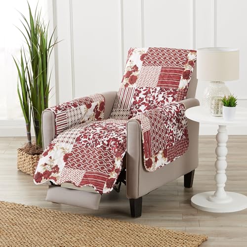Image of Great Bay Home Reversible Patchwork Recliner Cover - Washable Slipcover Furniture Protector with Elastic Straps - Perfect for Kids & Pets - Box-Stitched Detail (Burgundy)