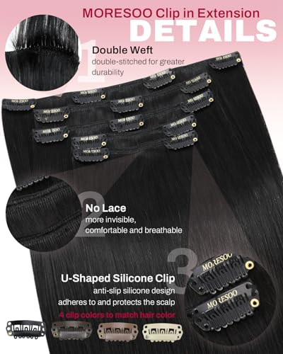 Image of Moresoo Clip in Hair Extensions Natural Black Human Hair Short 10 inch 80g | Real human hair clip ins, sleek natural black, 5pcs, remy straight texture, easy daily styling for short hair