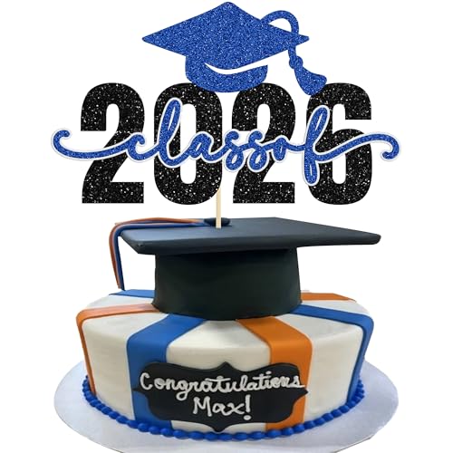 Gyufise 1Pc Class of 2026 Cake Topper Glitter Congrats Grad Cap 2026 Graduation Cake Pick for High School Boys Girls Graduate Party Cake Decorations Supplies Dark Blue 2