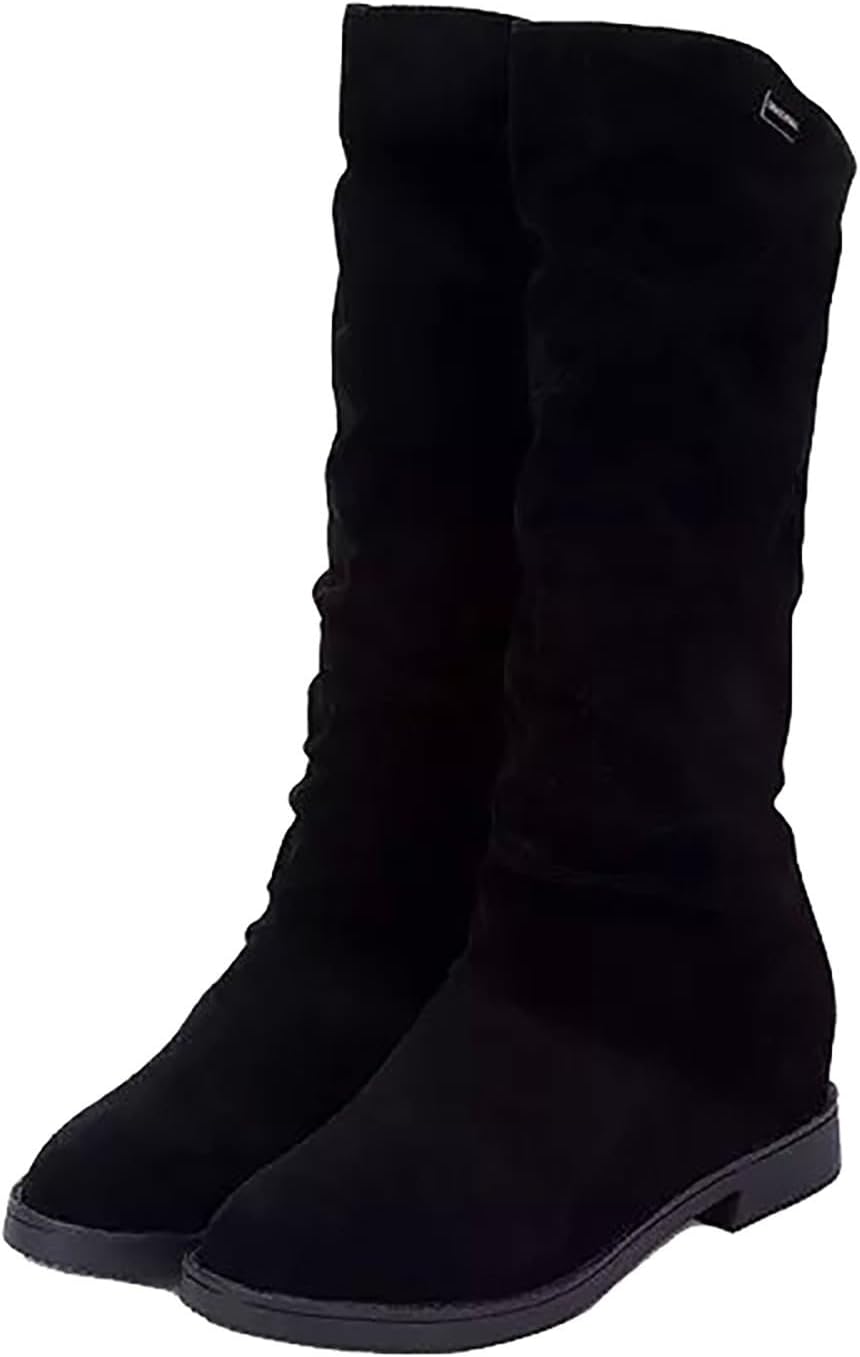 Wedge Knee High Boots For Women UK | Winter Soft Warm Suede Boots Low Chunky Heel Knee Length Boots Casual Smart Party Shoes Lightweight Outdoor Large Size Boots Solid Walking Boots