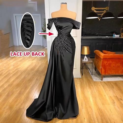 Tsbridal Women'S Mermaid Champagne Prom Dresses Slit 2024 Satin Off The Shoulder Beaded Formal Prom Gowns Us 12 thumb #2